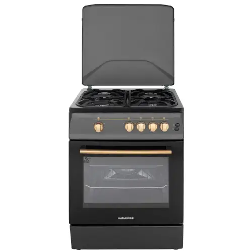 Aragaz Nobeltek NLT 6603NM/FG1, 60x60cm, Plita si cuptor gaz, Grill, Aprindere electrica, Iluminare cuptor, Gratare din fonta, echipat cu diuze GPL, diuze GN de schimb, capac tabla (Negru mat)