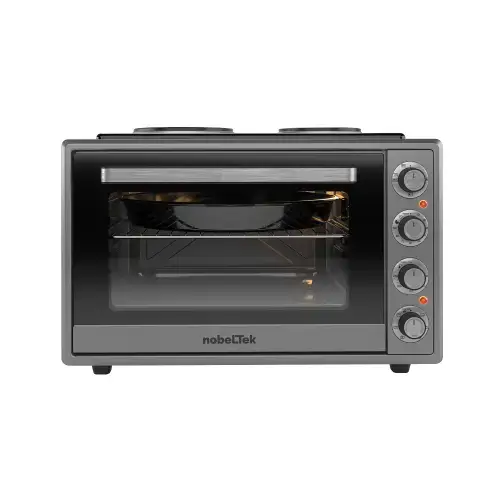 Cuptor electric NobeLTek NLT FSOHP60X, 60L, 2000W, plite electrice 1500w + 1000w, grill, timer, termostat, Sticla dubla, Ventilator, Iluminare (Gri)