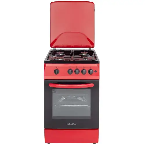 Aragaz NobelTek NLT 5602R/G1, Gaz, 4 arzatoare, Dispozitiv siguranta plita si cuptor, Aprindere electrica, 50 x 60 cm (Rosu)