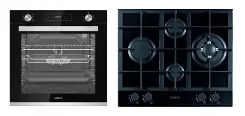 Cuptor incorporabil Samus SCE827GCF, 80 l, 2500 W, 7 Functii + Plita incorporabila Samus PSG-64SG2, Gaz, 4 arzatoare, Arzator WOK, Aprindere electrica (Negru)