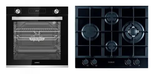 Cuptor incorporabil Samus SCE827GCF, 80 l, 2500 W, 7 Functii + Plita incorporabila Samus PSG-64SG2, Gaz, 4 arzatoare, Arzator WOK, Aprindere electrica (Negru)