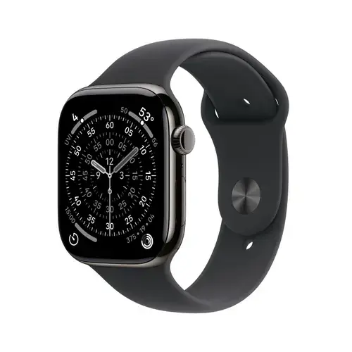 Smartwatch Apple Watch 11, GPS + Cellular, 42mm, Ecran Retina LTPO OLED, Chip S10 cu Procesor Dual-Core, 64GB Flash, Wi-Fi, Bluetooth, Carcasa Titan, Curea Sport Band M/L (Negru)