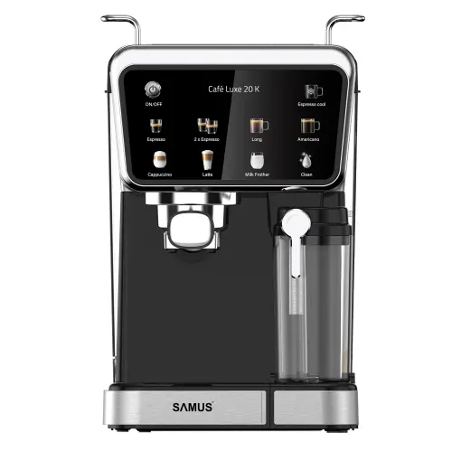 Espressor manual Samus CAFE LUXE 20 K, 1350 W, 20 bari, Rezervor apa 1.5 l, Rezervor lapte 0.5 l, 8 bauturi (Negru/Inox)
