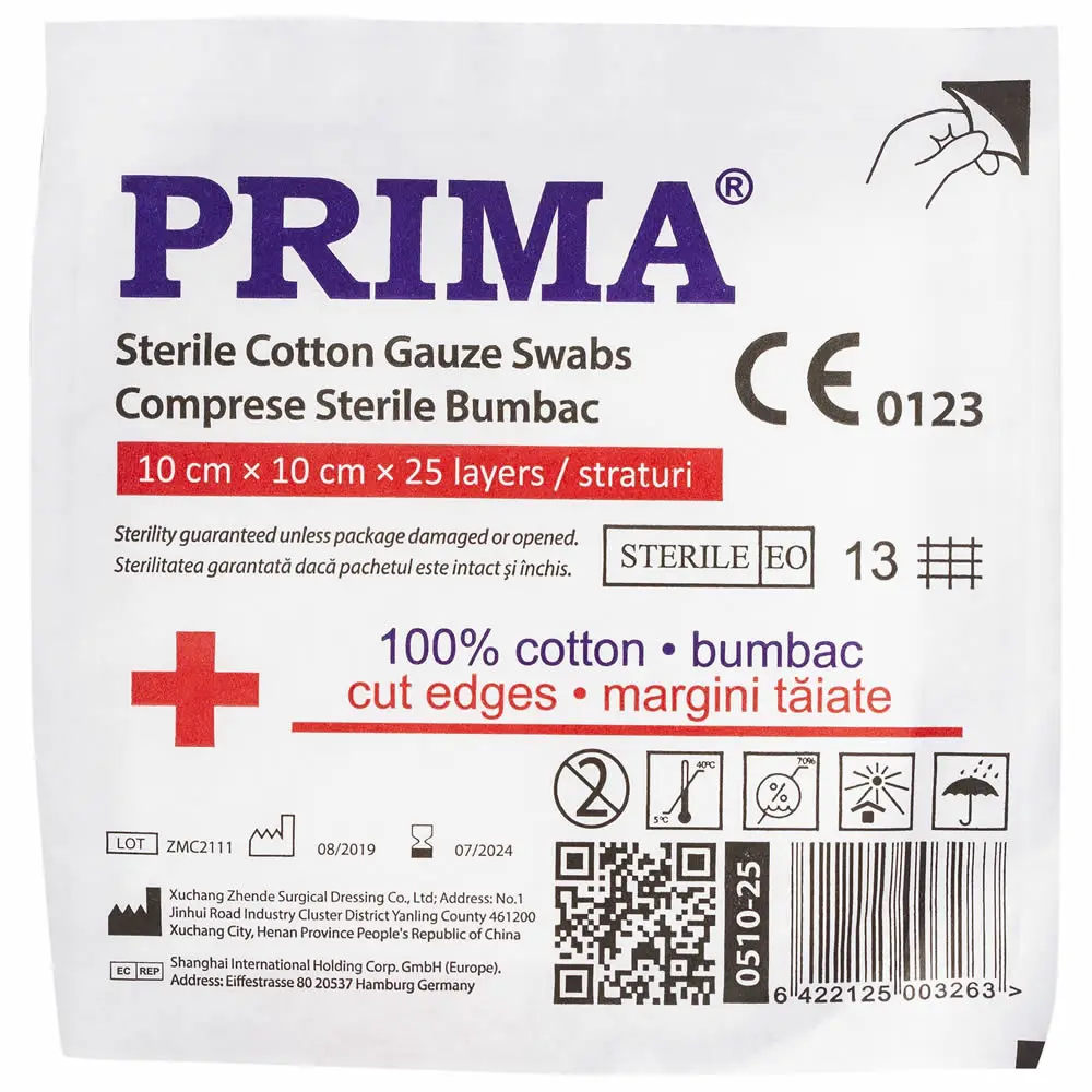 Comprese sterile din tifon PRIMA, 10x10cm - 25 bucati