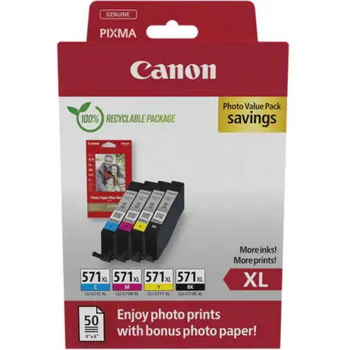 Pachet foto 4 cartuse Canon BK+C+M+Y CLI-571XL + hartie foto 10x15, 50 coli