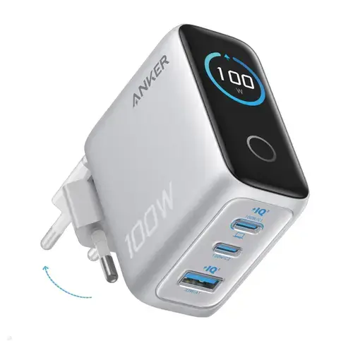 Incarcator retea Anker B121BG41, 100W, 2x USB-C, 1x USB-A, Smart-Display (Argintiu)