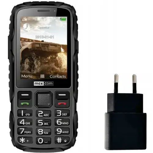 Pachet Telefon Mobil Maxcom Strong MM920, Ecran 2.8inch, Single Sim, 2G, Rezistent la apa si praf + Incarcator retea Maxcom 10W (Negru)