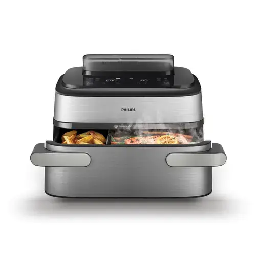 Friteuza cu aer cald Philips Megabasket NA565/02 Seria 5000, 9.5L, 2750 W, 28 de moduri de gatit, Trecere de la 1 MegaBasket la 2 cosuri, Invelis ceramic premium, separator detasabil, curatare automata cu abur (Argintiu/Negru)