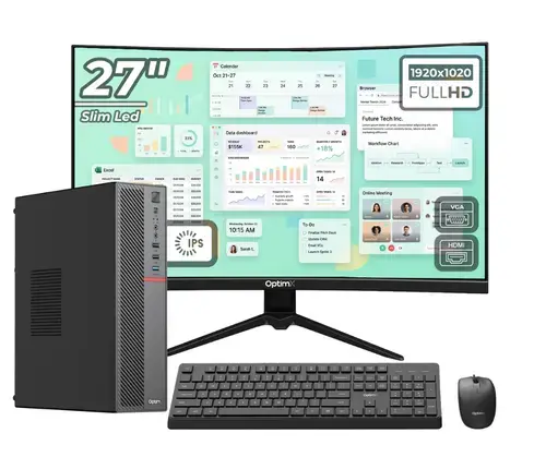 Calculator Sistem PC Dektop Office OptimX T5 SFF, Intel Pentium Gold G6400T, 16GB DDR4, 512GB SSD, Win11 Pro si Monitor Curbat 27inch FHD, IPS, LED + kit tastatura si mouse Pro KM500 cu fir