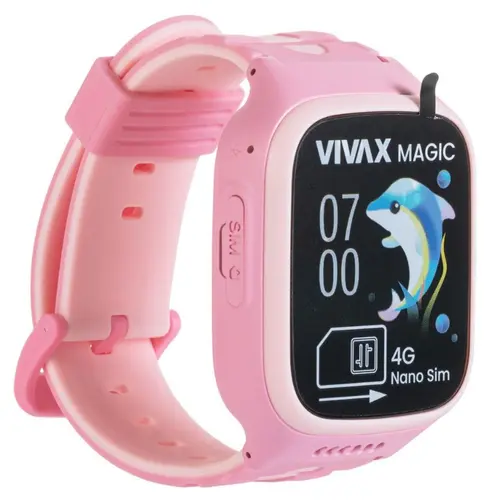 Smartwatch pentru copii Vivax KIDS 4G MAGIC, Bluetooth 5.1, Rezistenta la apa IPX7, Procesor ARM Cortex-R5, 64 MB, GPS, SOS, Apel video (Roz)