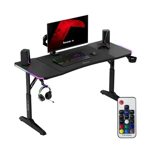 Birou Gaming Huzaro Hero 3.6 RGB, 140x 60 cm, Reglare pe inaltime 56-79 cm, Blat cu finisaj CARBON, Mousepad XXL inclus, Iluminare RGB (Negru)