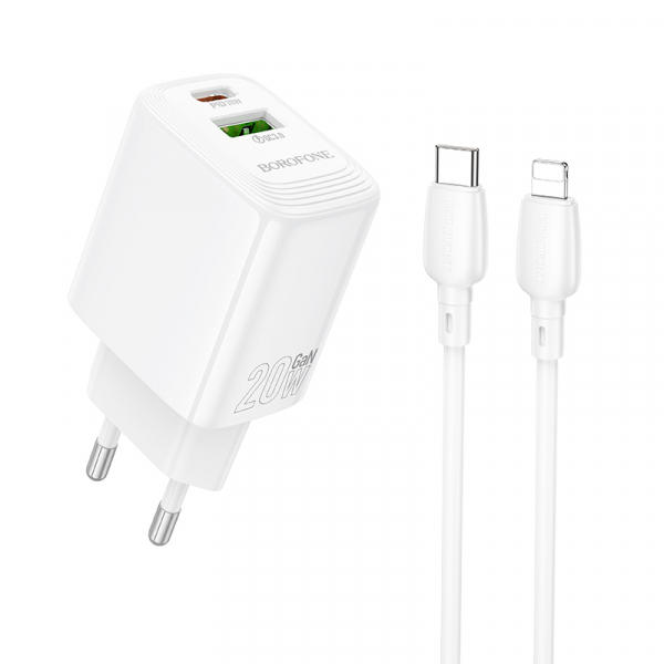 Incarcator Retea Cu Cablu Lightning Borofone BN27 Fuente, 20W, 3A, 1 x USB-A - 1 x USB-C, Alb
