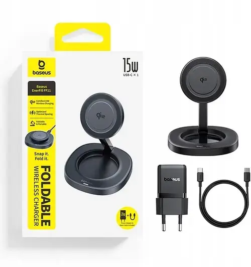 Incarcator wireless Baseus EnerFill FF11, 15 W, Incarcator retea inclus de 20 W, Cablu USB-C 1m (Negru)