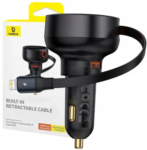 Incarcator auto Baseus Enjoyment Pro, 55 W, USB-A, Cabl uretractabil Lightning (Negru)