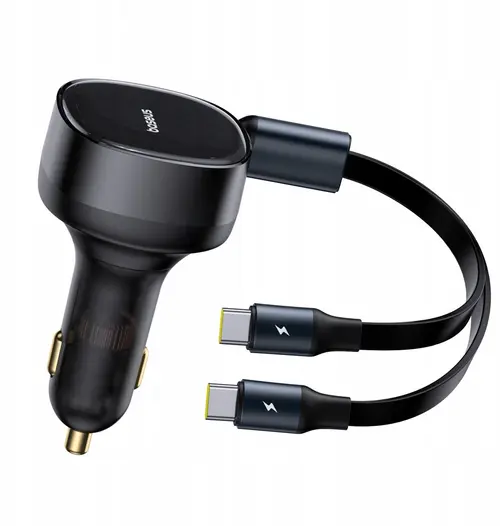 Incarcator auto Baseus Enjoyment 2in1, 33W, cu cablu retractabil 2xUSB-C (Negru)