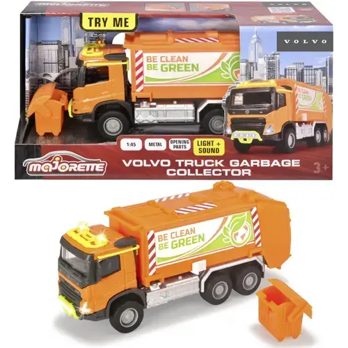 Camion de gunoi Majorette - Volvo Truck Garbge Collector, 19 cm, cu lumini si sunete