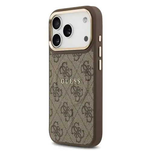 Husa Protectie Spate Guess PU Leather 4G Gold Frame MagSafe pentru Apple iPhone 17 Pro Max (Maro)