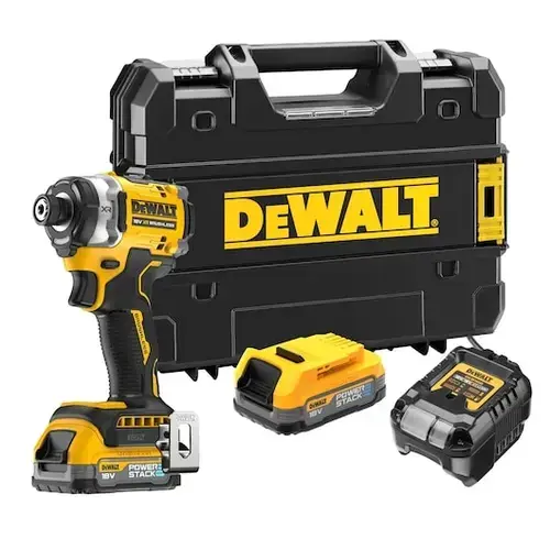 Masina compacta de insurubat cu impact pe acumulator DeWALT DCF860E2T, 18V XR, brushless, hex 1/4 inch, 282 Nm, 2x acumulator Li-Ion 1.7 Ah POWERSTACK, iluminare LED, compacta - 122 mm, clema, adaptor magnetic, cutie transport, incarcator rapid