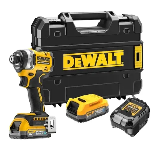 Masina compacta de insurubat cu impact pe acumulator DeWALT DCF860E2T, 18V XR, brushless, hex 1/4 inch, 282 Nm, 2x acumulator Li-Ion 1.7 Ah POWERSTACK, iluminare LED, compacta - 122 mm, clema, adaptor magnetic, cutie transport, incarcator rapid