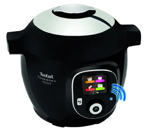Multicooker inteligent cu gatire sub presiune Tefal Cook4Me+ Connect CY855830, 1600W, 6 moduri de gatire, Instructiuni pas cu pas, 150 de retete, Compatibil cu aplicatia dedicata, Capacitate 6L, Vas cu invelis ceramic, Negru