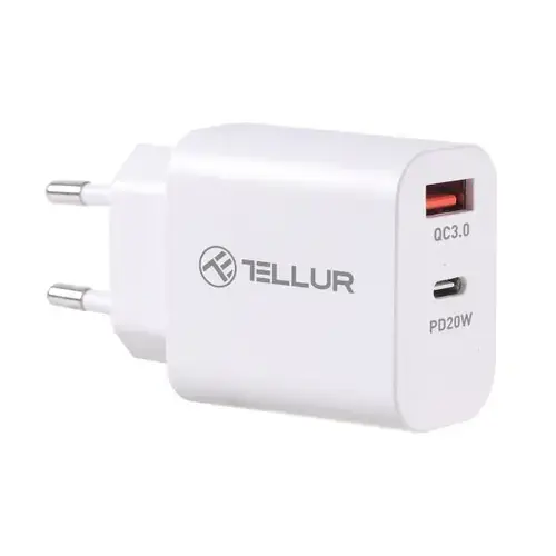 Incarcator retea Tellur PDHC101, 1 x USB-A, 1 x USB Type-C, PD 20W + QC 3.0 18W (Alb)