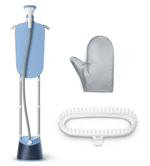 Aparat de calcat vertical cu picior Philips STE1030/20, (2 stalpi susținere) ajustabil pe inalțime, 1800W, Rezervor 1.8L, 3 setari pentru abur, StyleMat, manusa, perie, umeras integrat (Albastru)