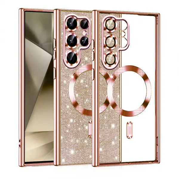Husa MagSafe pentru Samsung Galaxy S22 Ultra 5G S908, Techsuit, Luxury Glitter, Roz Aurie