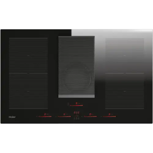 Plita incorporabila cu hota inclusa Haier HAIH8IFMCE, Inductie (tip hota: evacuare), Clasa A, 4 zone de gatit, Double Bridge Zone, Control tactil multislider, Indicator de caldura reziduala, Timmer, Booster, Incalzire automata, Keep warm, 80 cm (Negru)