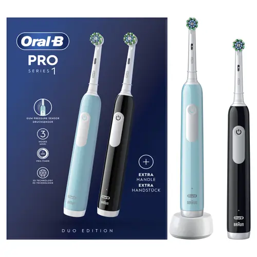 Set 2 x Periuta de dinti electrica Oral-B Pro Series 1, Curatare 3D, 3 moduri periaj, Timer, Senzor de presiune, 2 capete incluse (Negru/Albastru)