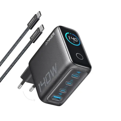 Incarcator de retea Anker Zolo 140W, Digital Display, 3x USB-C, 1x USB-A, PD 3.1, cablu USB-C inclus, Negru