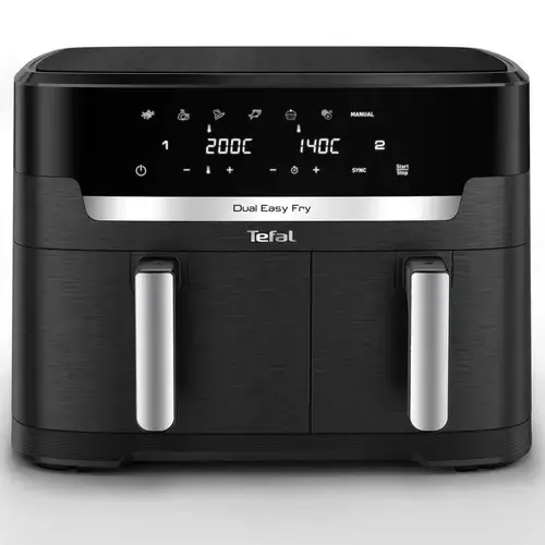 Friteuza cu aer cald Tefal Dual Easy Fry XXL EY9428E0, 2700 W, capacitate 11 L, 7 programe automate, vase detasabile antiaderente, display LCD, temperatura reglabila 40-200°C (Negru)