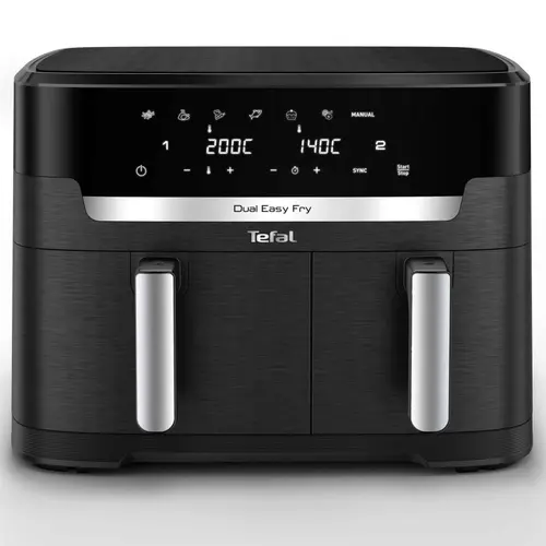 Friteuza cu aer cald Tefal Dual Easy Fry XXL EY9428E0, 2700 W, capacitate 11 L, 7 programe automate, vase detasabile antiaderente, display LCD, temperatura reglabila 40-200°C (Negru)