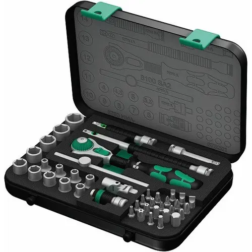 Set de 42 de bucati de chei cu clichet, Wera, 1/4inch, Verde/Negru