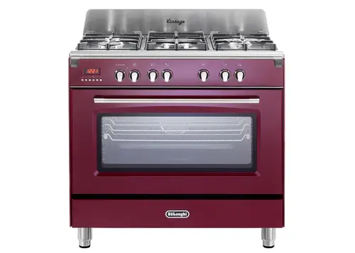 Aragaz profesional DELONGHI MEM 965 RX ED RO, 5 arzatoare, Gaz + Electric, L 90 cm, Grill (Rosu)