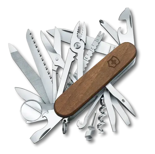 Briceag multifunctional Victorinox Swiss Champ Wood, 29 functii, Solzi de nuc, Include foarfece si Ferastrau pentru lemne (Maro)