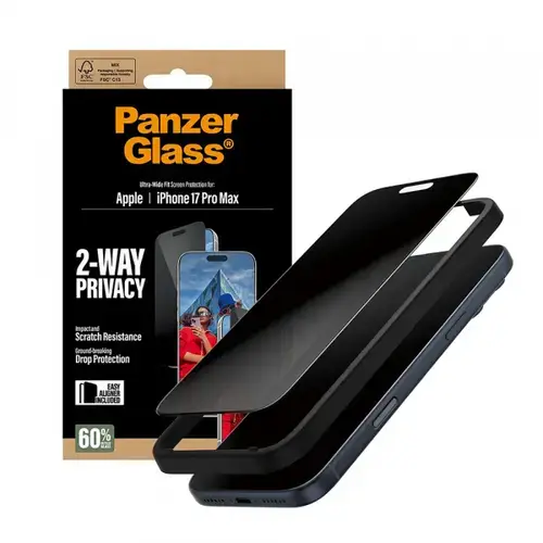 Folie de protectie Ecran Privacy PanzerGlass Ultra-Wide Fit 2-Way EasyAligner pentru Apple iPhone 17 Pro Max, Sticla Securizata, Full Glue