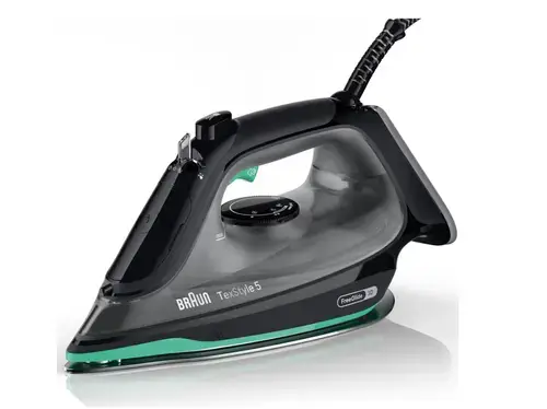 Fier de calcat Braun TexStyle 5 SI5277GR, 2700W, jet de abur 220g/min, abur variabil 0-50 g/min, talpa SuperCeramic, rezervor 300 ml, tehnologie FreeGlide, oprire automata, sistem antipicurare (Negru/Verde)