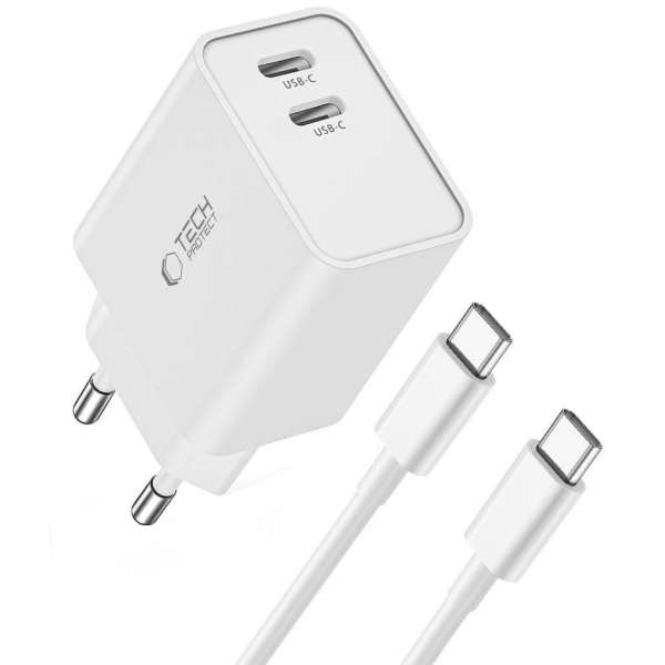 Incarcator Retea Cu Cablu USB-C Tech-Protect C35W, 35W, 3A, 2 x USB-C, Alb