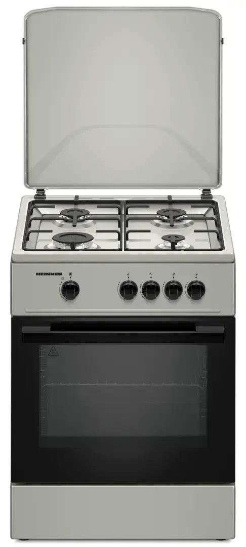 Aragaz HEINNER HFSC-K6060SL, Gaz, 4 arzatoare, Aprindere electrica, Duze GPL incluse, Tava si gratar cromat 60 cm (Argintiu)