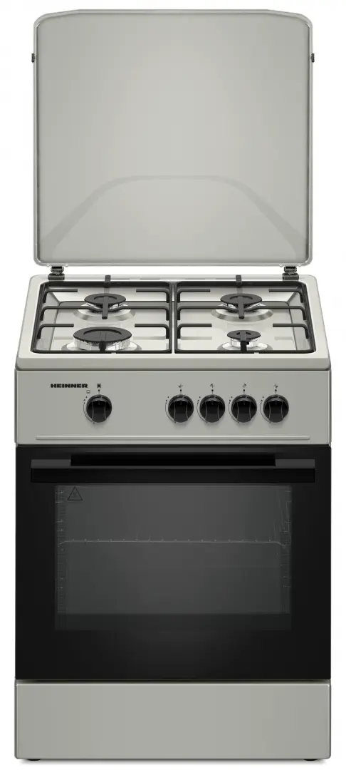 Aragaz HEINNER HFSC-K6060SL, Gaz, 4 arzatoare, Aprindere electrica, Duze GPL incluse, Tava si gratar cromat 60 cm (Argintiu)