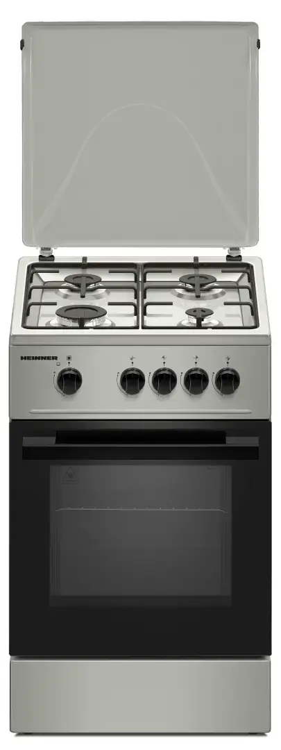 Aragaz HEINNER HFSC-K50SL, Gaz, 4 arzatoare, Duze GPL incluse, Tava si gratar cromat, 50 cm (Argintiu)