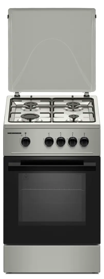 Aragaz HEINNER HFSC-K50SL, Gaz, 4 arzatoare, Duze GPL incluse, Tava si gratar cromat, 50 cm (Argintiu)