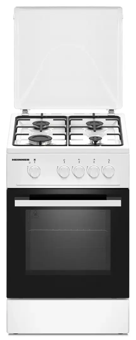 Aragaz HEINNER HFSC-K50WH, Gaz, 4 arzatoare, Duze GPL incluse, Tava si gratar cromat, 50 cm (Alb)