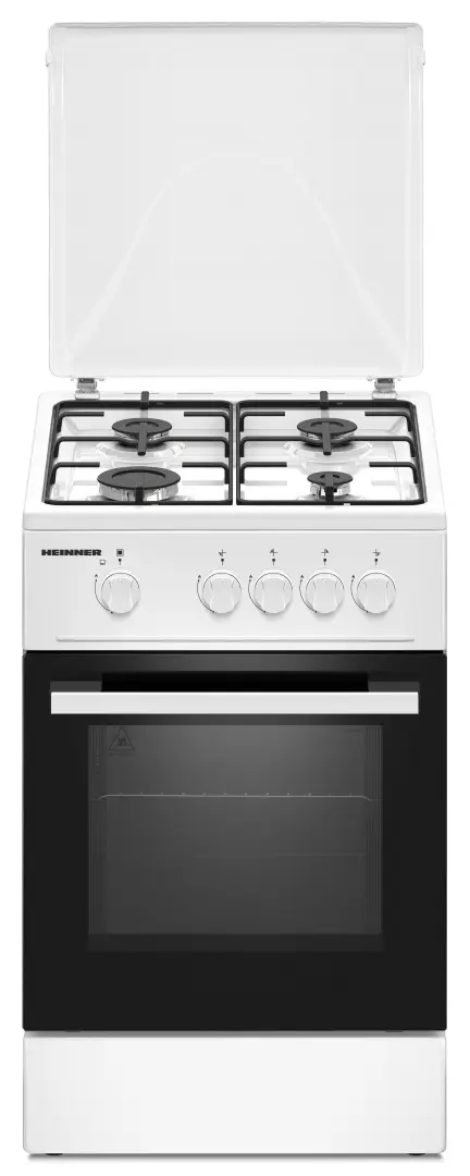 Aragaz HEINNER HFSC-K50WH, Gaz, 4 arzatoare, Duze GPL incluse, Tava si gratar cromat, 50 cm (Alb)