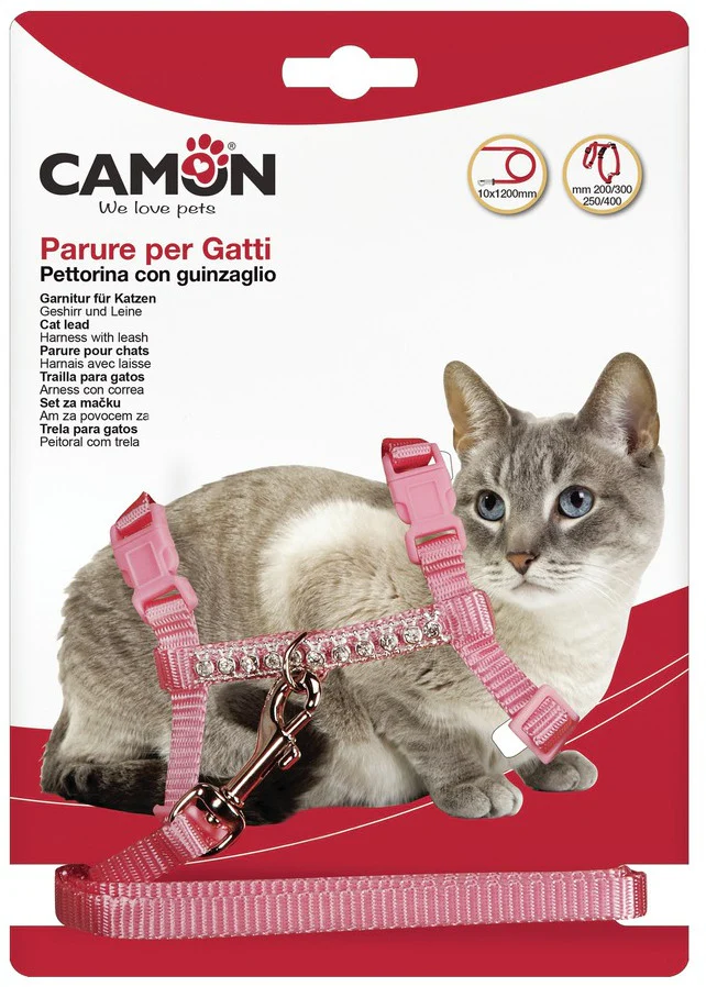 CAMON Ham cu lesă pentru pisici, nailon şi ştrasuri 10mm/140cm, diverse culori