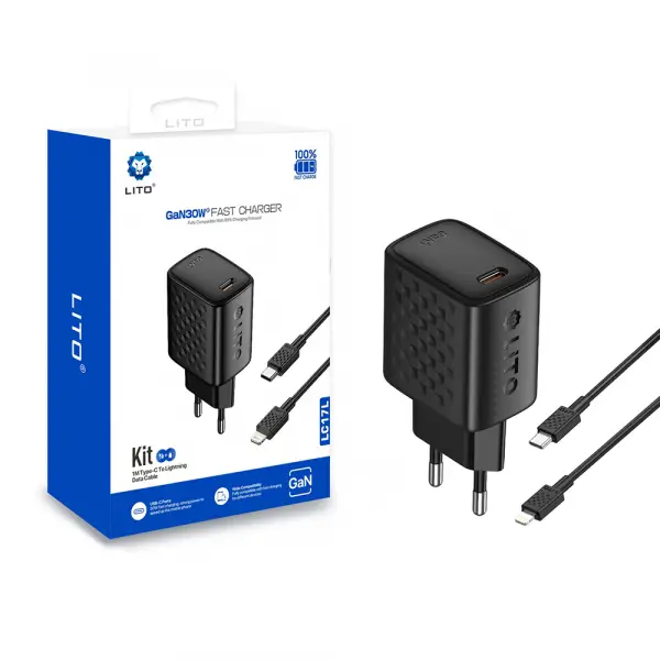 Incarcator Retea Cu Cablu Lightning Lito LC17L, 30W, 3A, 1 x USB-C, Negru