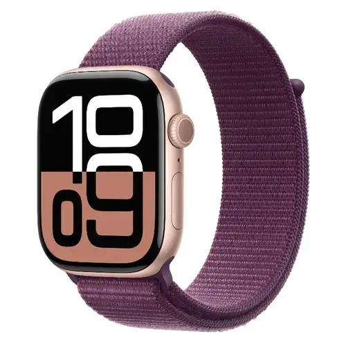 Smartwatch Apple Watch 10 GPS Cellular, Carcasa Rose Gold Aluminium 46mm, ecran LTPO OLED, 64GB, curea textil Plum Sport Loop (Roz/Visiniu)