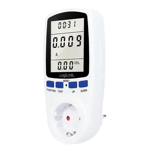 Priza inteligenta Logilink EM0003, Schuko x 1, conectare prin Schuko tata, 16 A, afisaj energie, putere, tarif cost, baterie incorporata, Alb