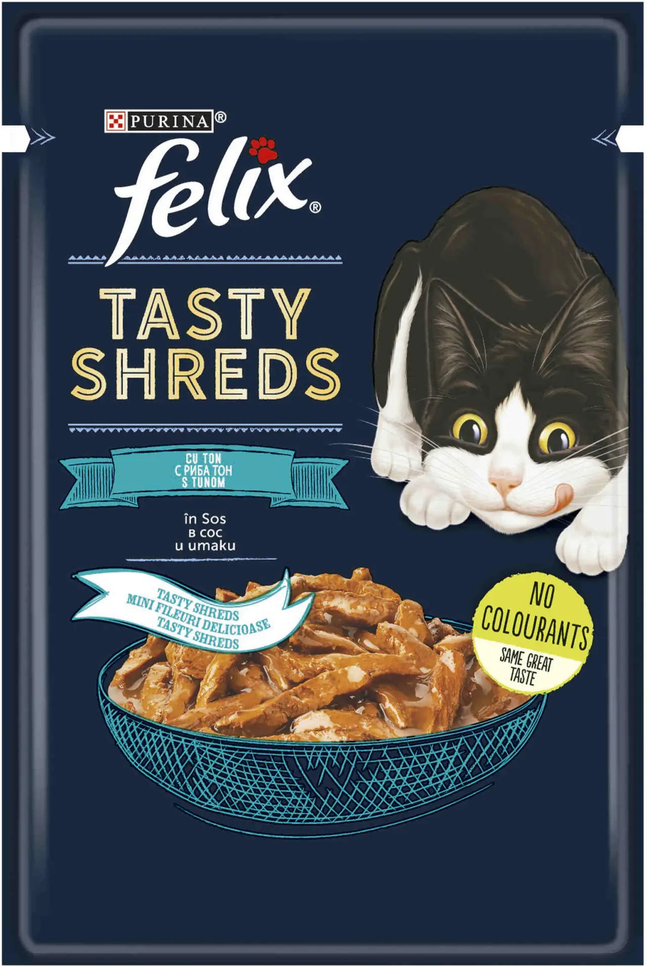 FELIX Tasty Shreds Plic hrană umedă pentru pisici, cu Ton în sos 80g