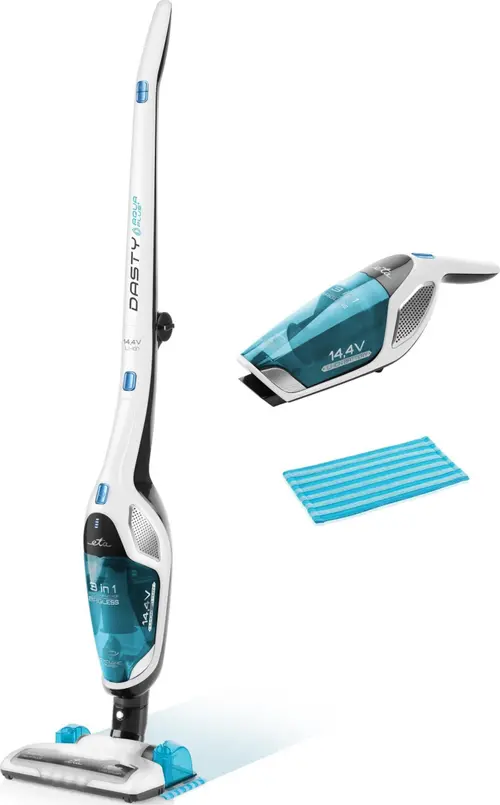 Aspirator vertical cu mop 3in1 ETA Dasty AquaPlus 3447 90010, 95 W, Recipient 0.5 l, 18 V, Filtru HEPA, Autonomie 45 minute, Rezervor atasamen mop 150 ml (Alb/Albastru)